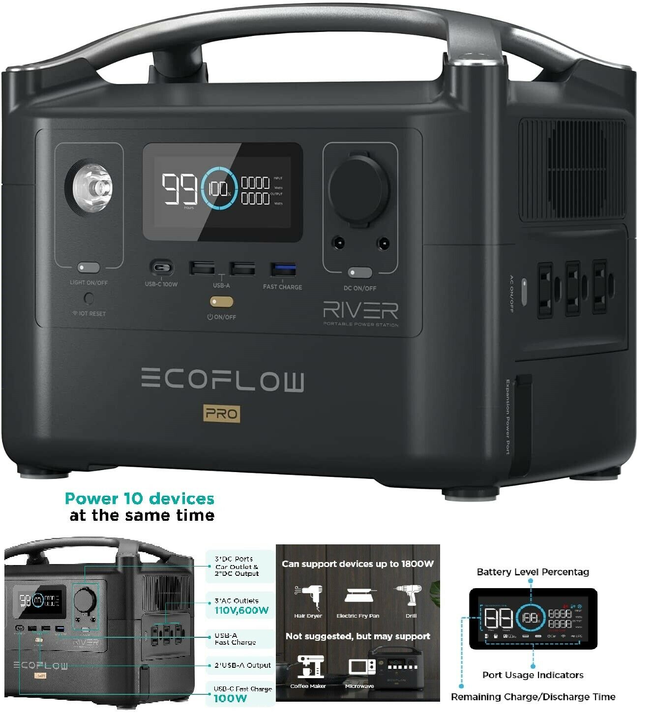 EF ECOFLOW RIVER Pro Portable Solar Generator Power Station Battery Car Charger