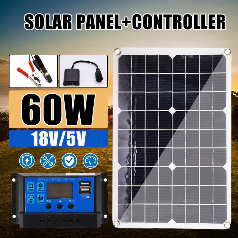 60W 18V Solar Panel Charge 12V 60 Watt Black Waterproof Panels Solar Cell with 10/20/30/40/50A Regulator Controller Ect For Home
