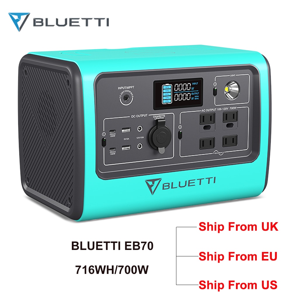 BLUETTI EB70 Portable Power Station 716Wh Solar Generator LiFePO4 Battery Backup 700W Inverter with 2x100W Type-C PD, UK, EU, US