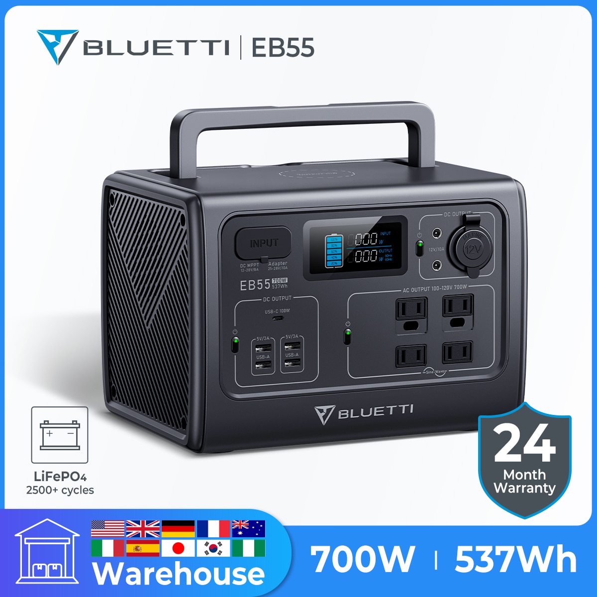 BLUETTI EB55 Portable Power Station 700W 537Wh LiFePO4 Battery Solar Generator Battery Power Supply Home Camping Korea Stock